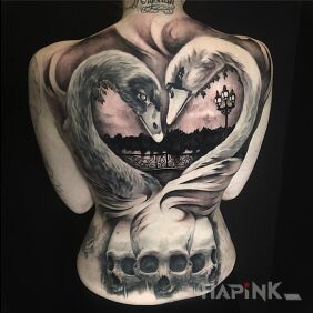 Tattoo Swans and skulls on the back motif: animals style: realistic