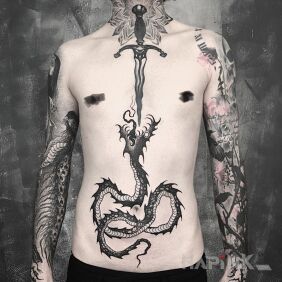 Tattoo Dagger aimed at the serpent's maw on the forearm motif: black and gray style: graphic / illustrative