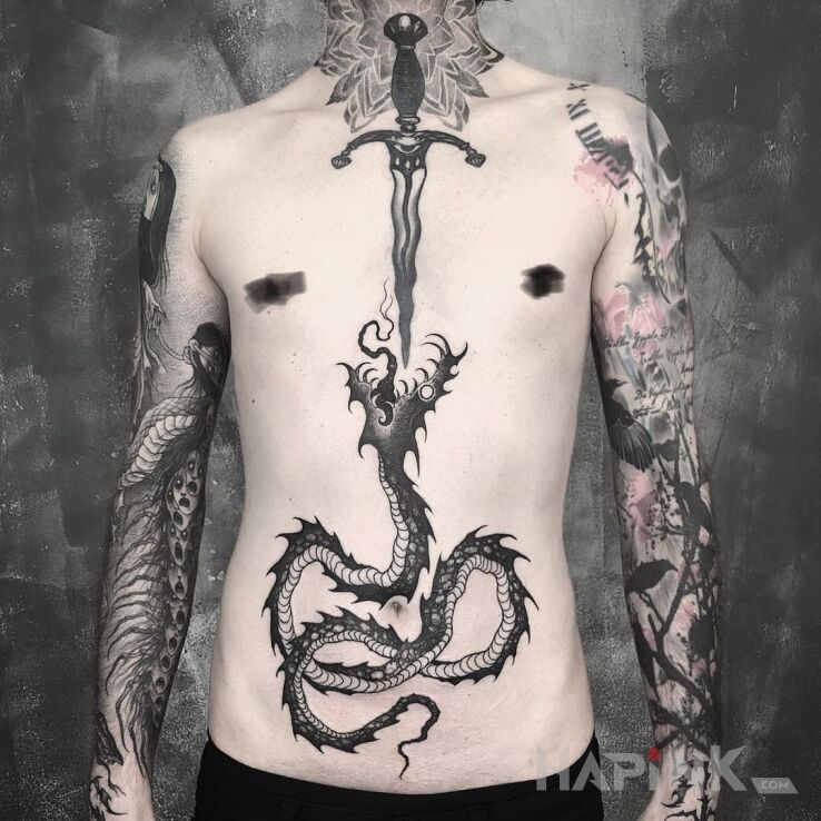 Tattoo Sztylet wycelowany w paszczę węża in dark motif and graphic / illustrative style on the forearm