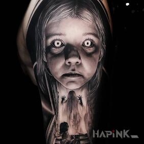 Tattoo Haunted girl on the upper arm motif: 3D style: realistic