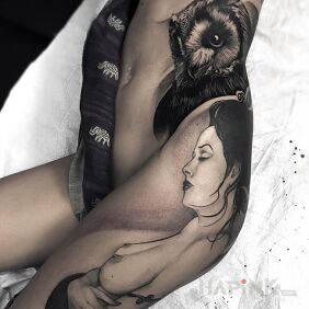 Tattoo Woman on the thigh on the ribs motif: sexy
