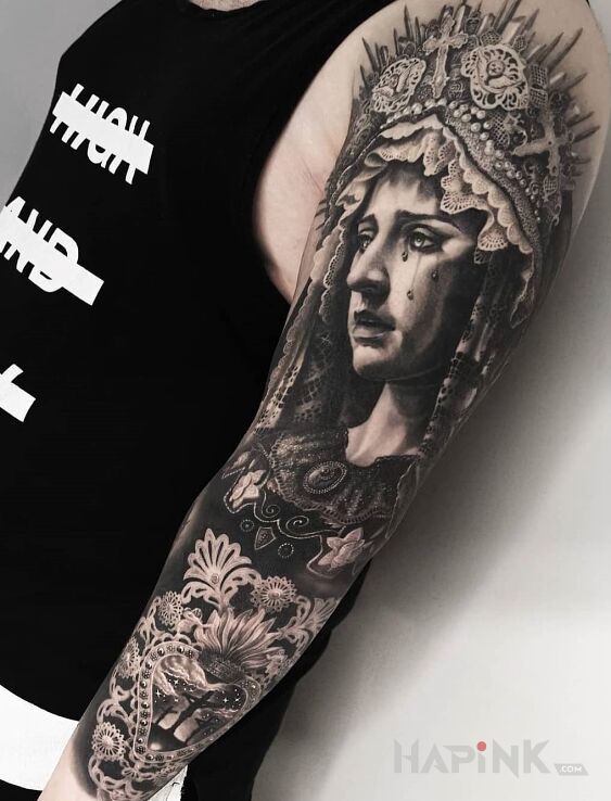 Tattoo Matka Boska z lampionem in sleeves motif and realistic style On the arm