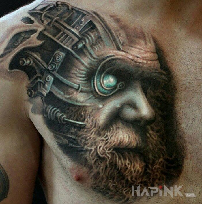 Tattoo Cyborg in 3D motif and realistic style on the chest