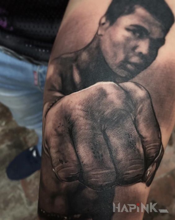 Tattoo Muhammad Ali in 3D motif and realistic style on the forearm