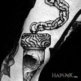 Tattoo Guillotine on the leg motif: dark style: dotwork