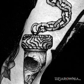 Tatuaż Gilotyna na nodze motyw: czaszki styl: dotwork