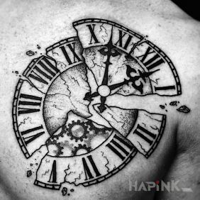Tattoo Clock on the chest motif: black and gray style: graphic / illustrative