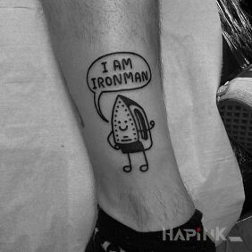 Tattoo I am ironman on the leg motif: lettering style: ignorant