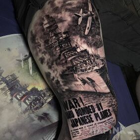 Tattoo Attacked ship on the thigh motif: black and gray style: realistic