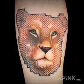 Tattoo Lioness in embroidery on the forearm motif: animals style: realistic