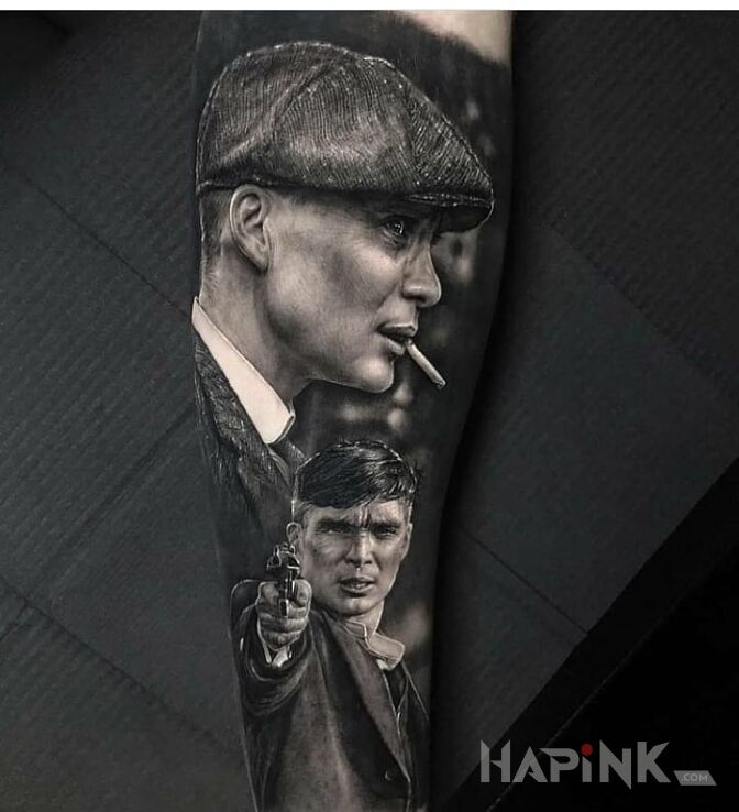 Tattoo Tommy Shelby in characters motif and realistic style on the forearm
