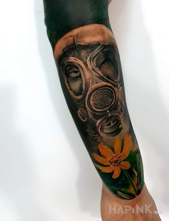 Tattoo Pandemia? in flowers motif and realistic style on the forearm