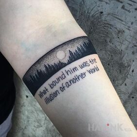 Tattoo Forest band and quote on the forearm motif: black and gray style: graphic / illustrative