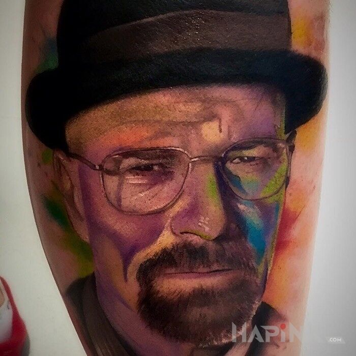 Tattoo Walter White in characters motif and realistic style on the calf
