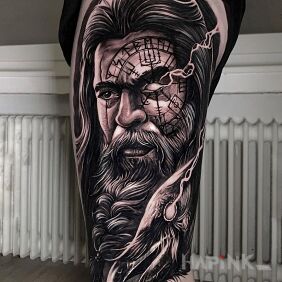 Tattoo Odin with runes on the thigh motif: 3D style: realistic