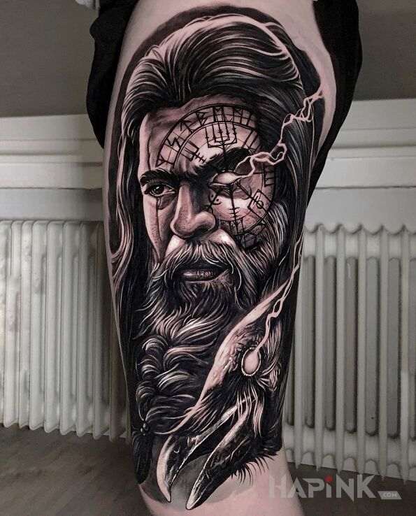 Tattoo Odyn z runa in 3D motif and realistic style on the thigh