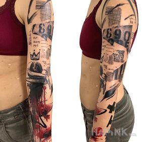 Tattoo Chaotic female sleeve on the upper arm motif: characters style: trash polka