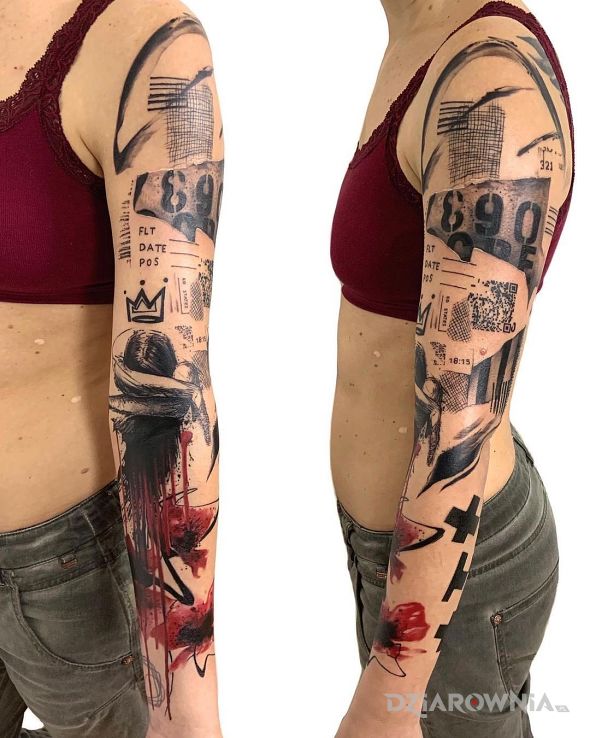 Tatuaż chaotyczny kobiecy rękaw w motywie postacie i stylu trash polka na ramieniu