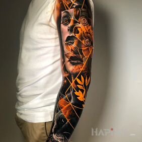Tattoo Mixed up and tangled on the upper arm motif: animals style: surrealistic
