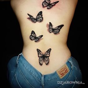 Tatuaż 5 motyli na plecach motyw: motyle styl: realistyczne