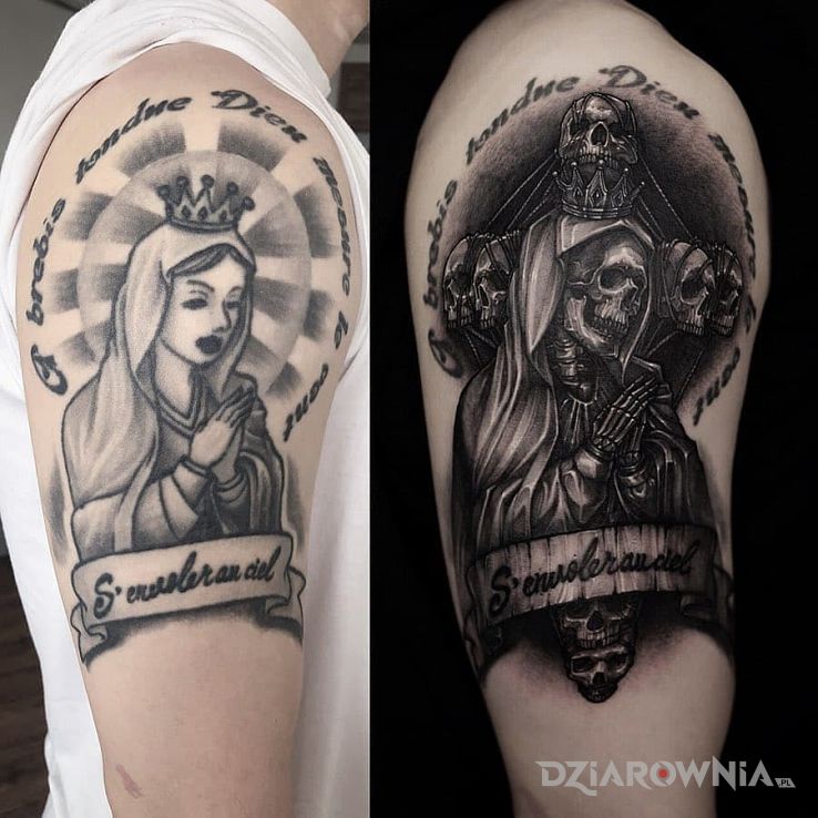 Tatuaż upgrade maryi w motywie santa muerte i stylu realistyczne na ramieniu