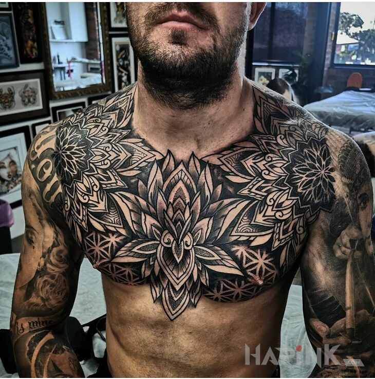 Tattoo Kwiat lotosu & Mandale in black and gray motif and graphic / illustrative style on the chest