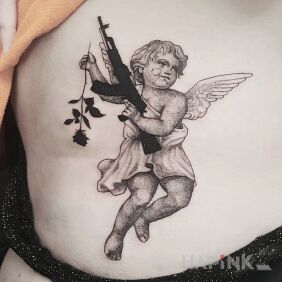 Tattoo Angel with AK-47 on the back motif: angels style: graphic / illustrative
