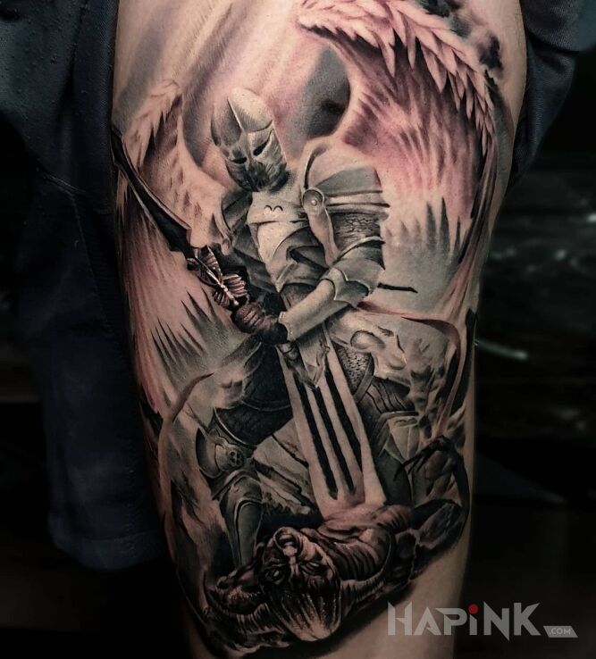 Tattoo Rycerz in black and gray motif and realistic style on the upper arm