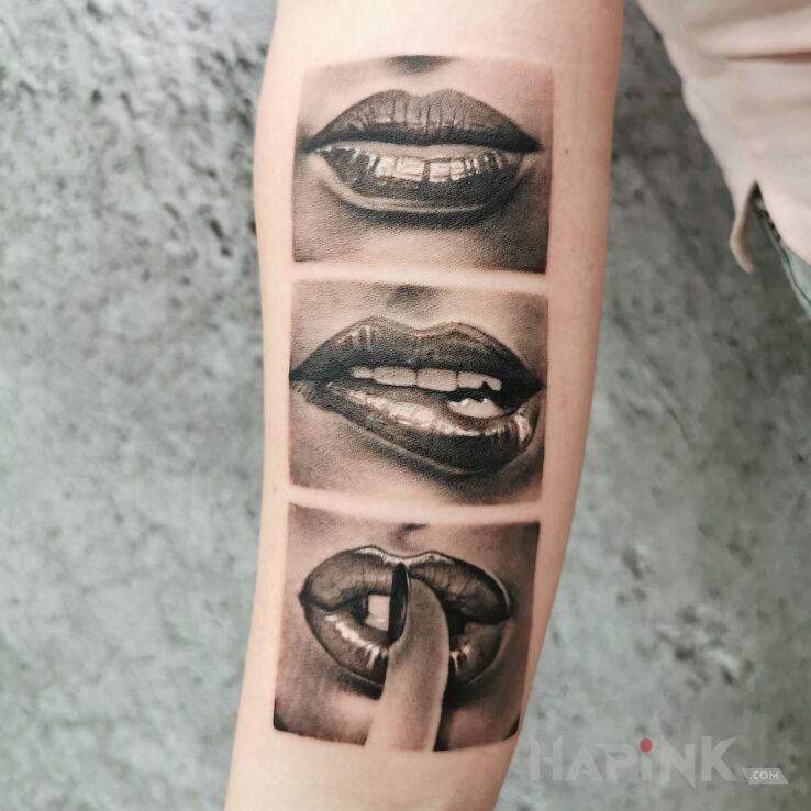 Tattoo Usta in faces motif and realistic style on the forearm