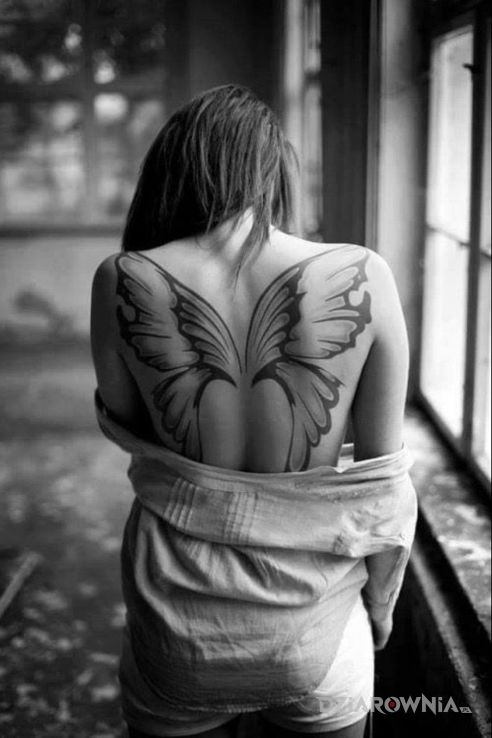 Tatuaż skrzydła motyla w motywie czarno-szare i stylu graficzne / ilustracyjne na plecach