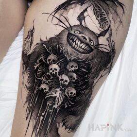 Tattoo Smile please ? on the thigh motif: dark style: graphic / illustrative