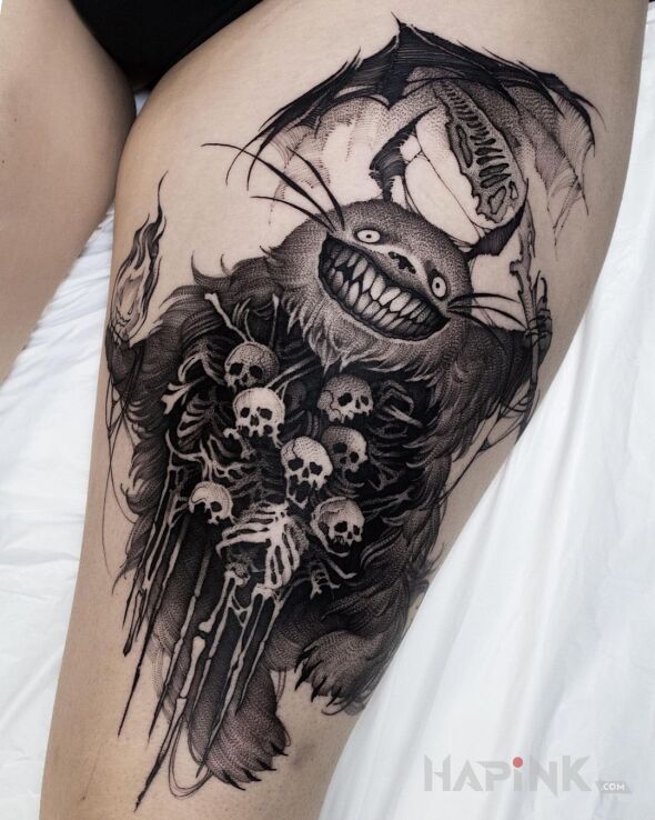 Tattoo Uśmiech poproszę ? in skulls motif and graphic / illustrative style on the leg