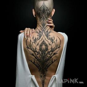 Tattoo Full back covered in patterns on the nape motif: black and gray style: graphic / illustrative