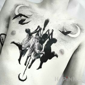 Tattoo Witches' sabbath on the stomach motif: characters style: dotwork
