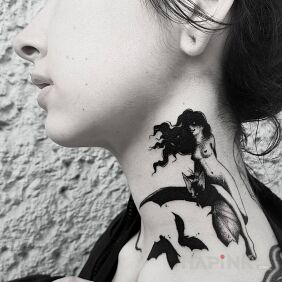 Tattoo Witch on a bat on the neck motif: black and gray style: graphic / illustrative