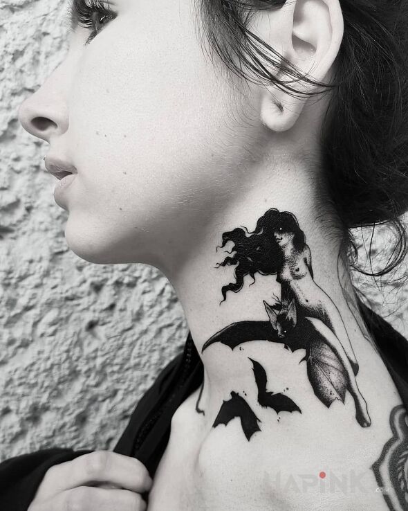 Tattoo Wiedźma na nietoperzu in characters motif and graphic / illustrative style on the neck
