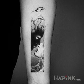 Tattoo Black on White On the arm motif: faces style: graphic / illustrative