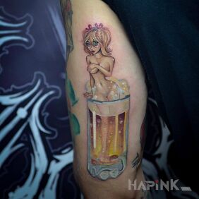 Tattoo Brewery and a girl On the arm motif: characters style: graphic / illustrative