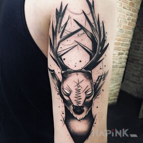 Tattoo Little Deer On the arm motif: black and gray style: graphic / illustrative