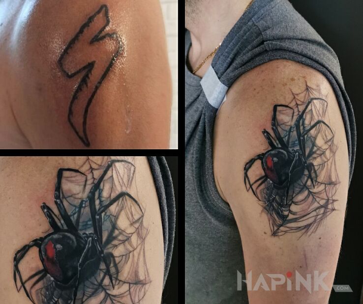 Tattoo Cover up spider in black and gray motif and realistic style On the arm