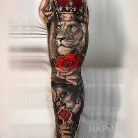 Tattoo Royal Purple on the upper arm motif: faces style: realistic