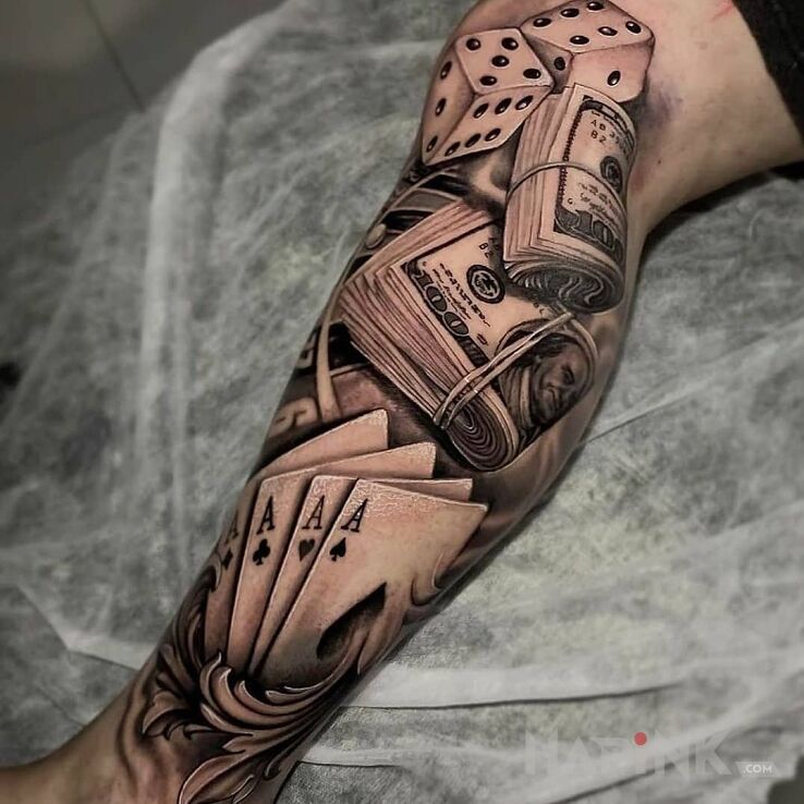 Tattoo Kasa z nielegalnej gry in 3D motif and realistic style on the calf