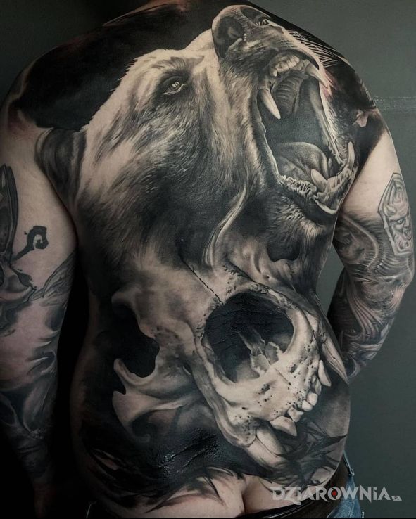 Tatuaż wielgachny niedzwiedz w motywie czaszki i stylu realistyczne na łopatkach