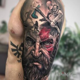 Tattoo God of war on the upper arm motif: characters style: realistic