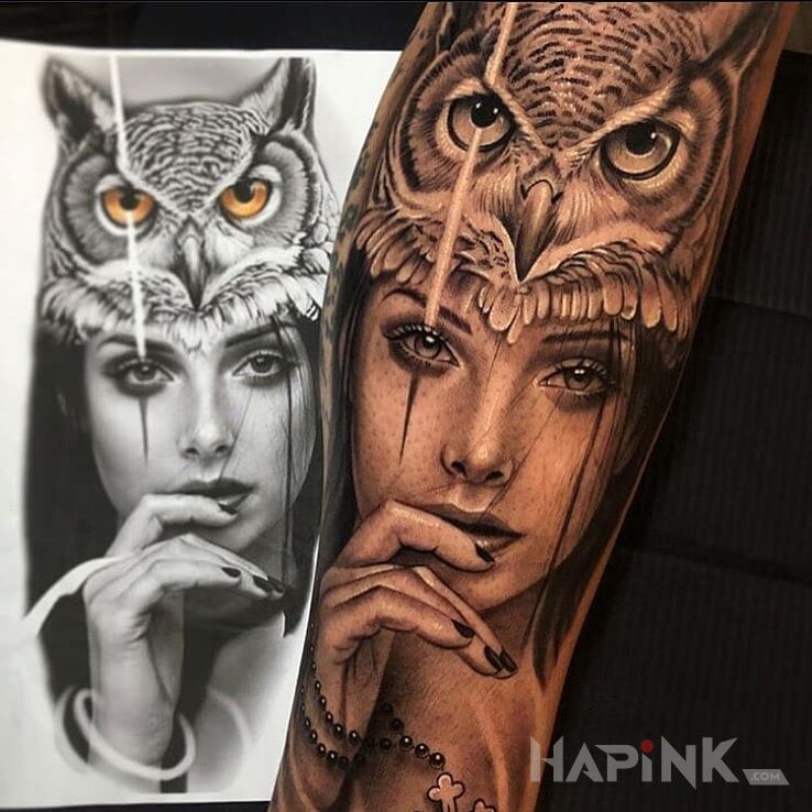 Tattoo Z sową na głowie in 3D motif and realistic style on the forearm