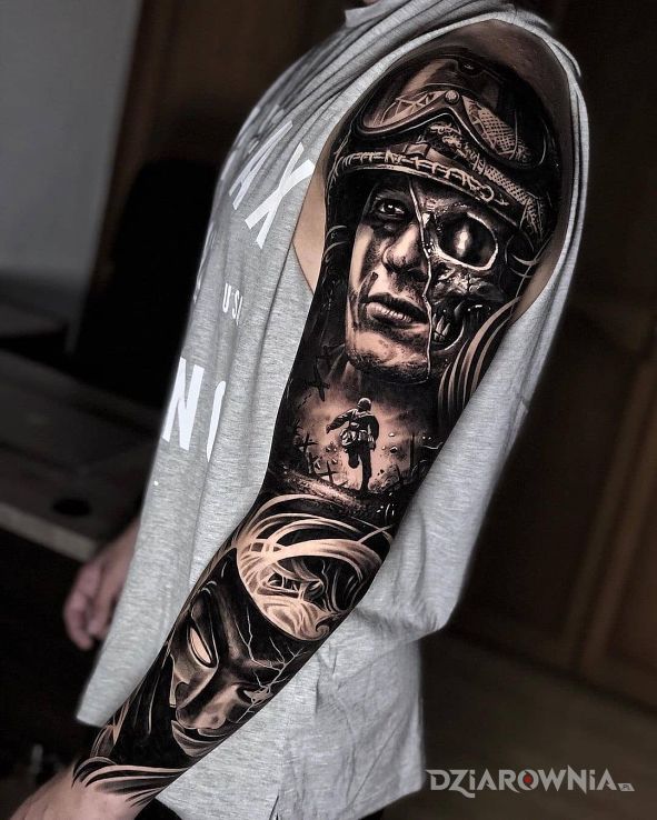 Tatuaż żołnierz na wojnie w motywie 3D i stylu realistyczne na ramieniu
