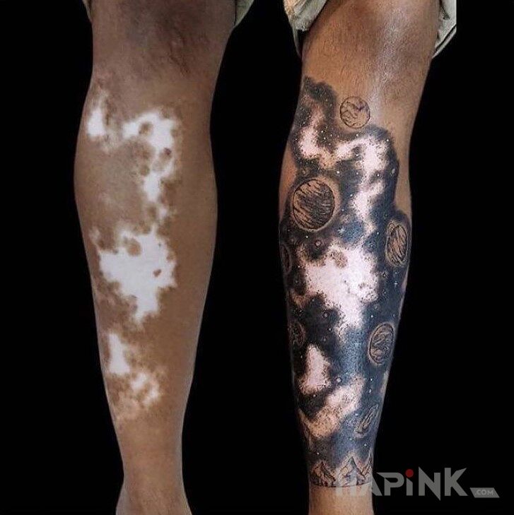 Tattoo Konstelacja gwiazd in black and gray motif and graphic / illustrative style on the leg