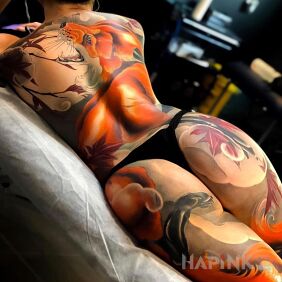 Tattoo Fantastic fox on the back motif: colorful style: japanese / irezumi
