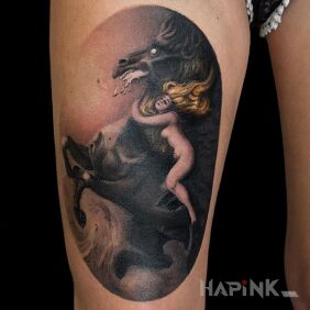 Tattoo Angry horse on the leg motif: animals style: graphic / illustrative