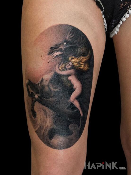 Tattoo Wściekły koń in animals motif and graphic / illustrative style on the thigh